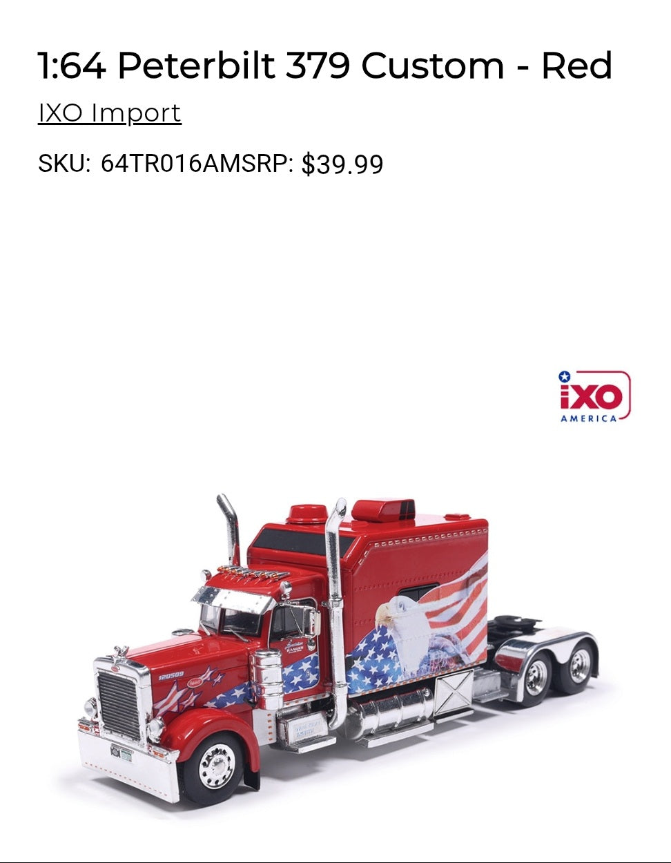1:64 IXO Peterbilt 379 Custom - Red Landstar Ranger