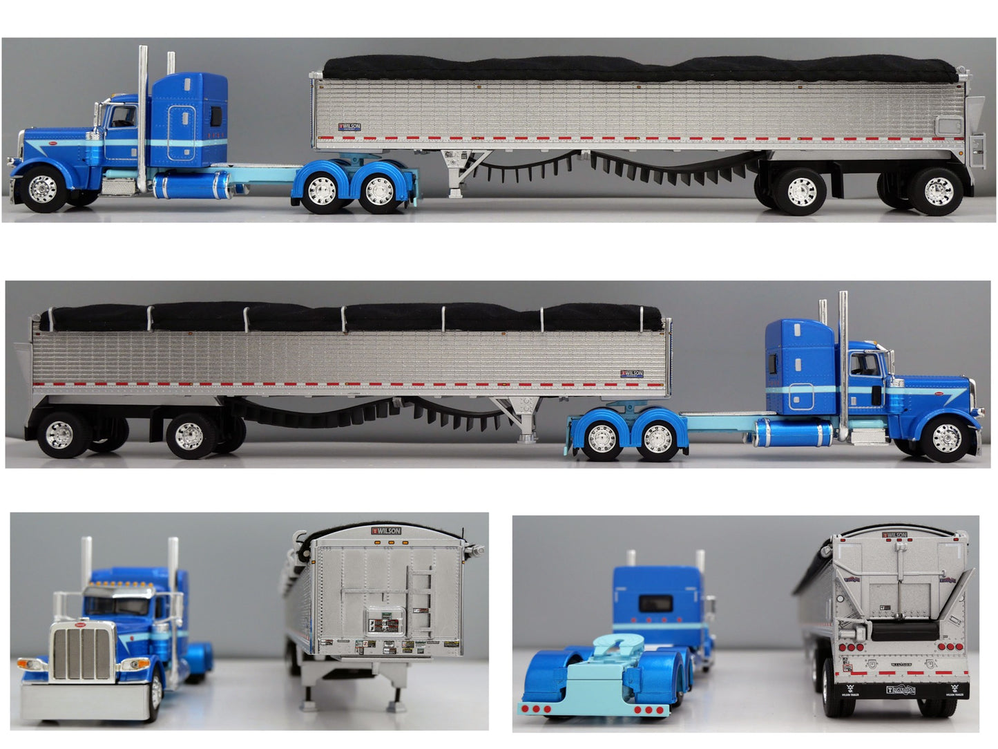 1:64 DCP Peterbilt 389 Blue and Silver with 48" Standup Sleeper with Spread Axle Wilson Patriot Belt Trailer