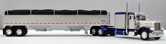 1:64 DCP Blue/Silver Peterbilt 379 Semi With Silver Tandem Axle Hopper Grain Trailer