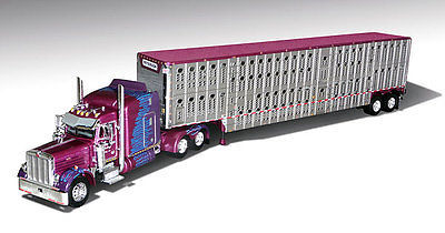 1:64 DCP Kersplat 379 Peterbilt show truck with 63'' mid roof sleeper and closed tandem axle Wilson Silver Star cattle trailer