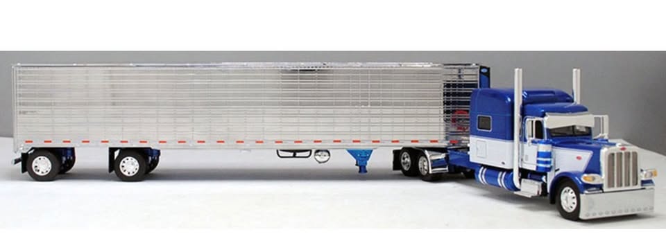 1:64 DCP Metallic Blue White Long Frame Peterbilt 389 70-inch Sleeper w Chrome Reefer Trailer