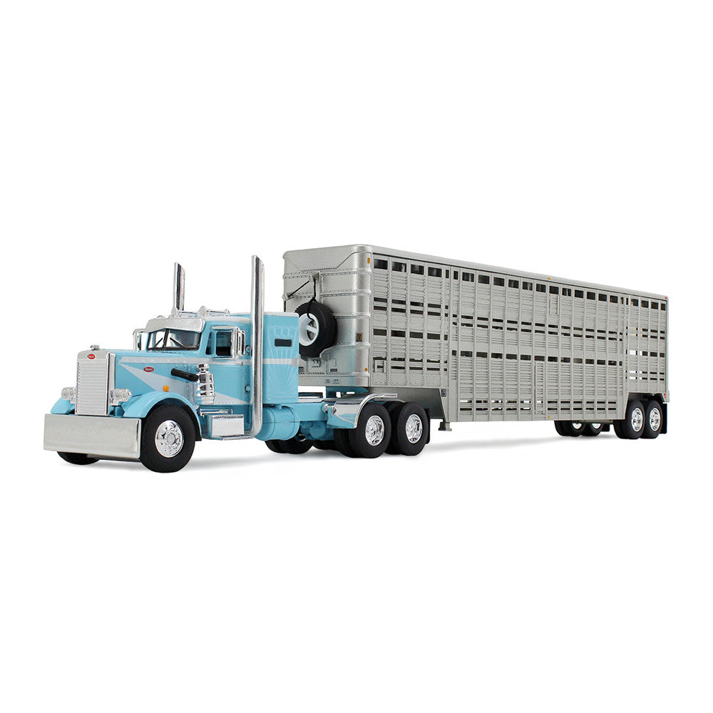 1:64 DCP Peterbilt Model 351 with 36 Vintage Sleeper in Blue and White with 45 Wilson Vintage Livestock Trailer
