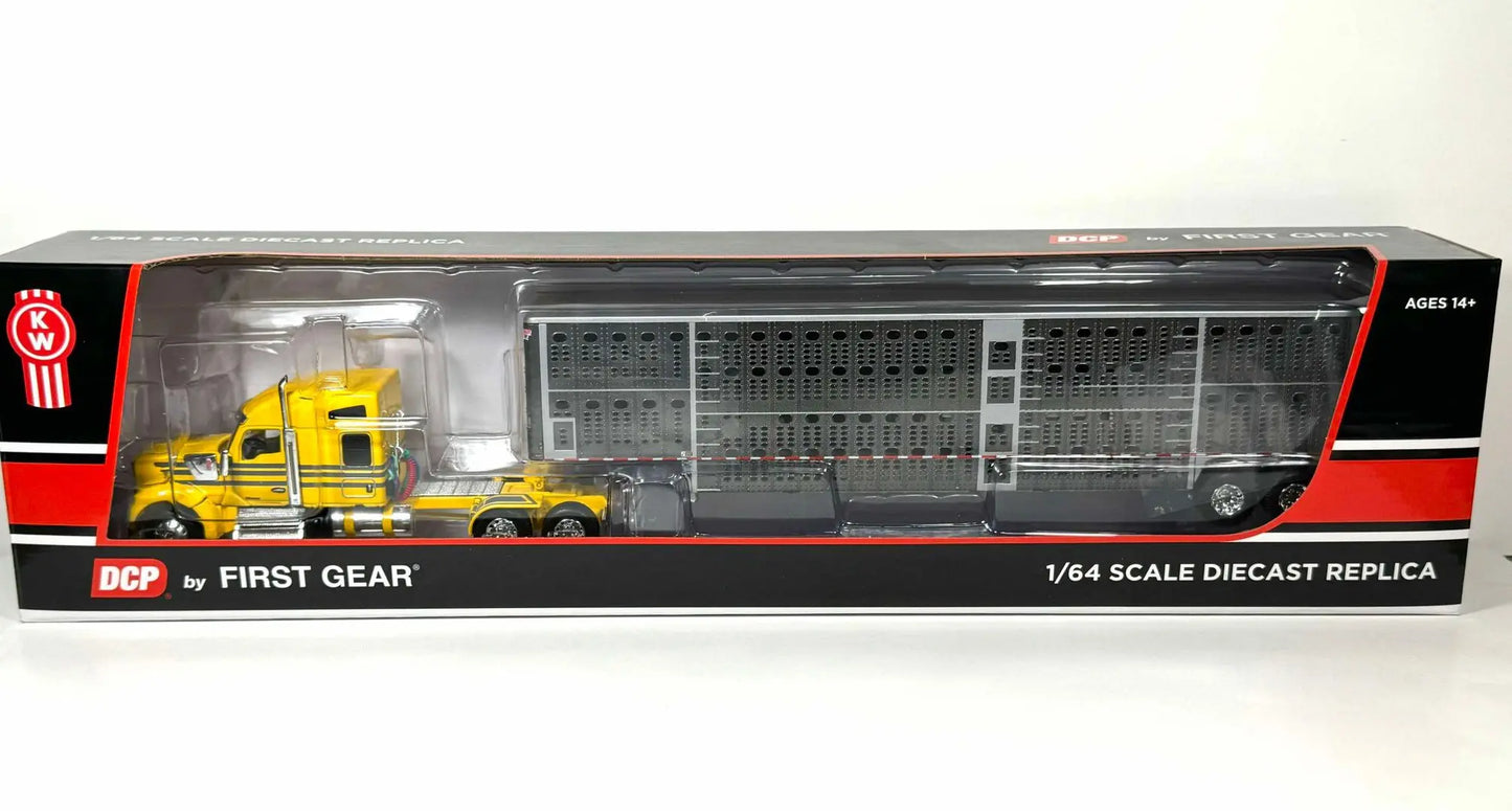 1:64 DCP Yellow Kenworth W990 Semi With Wilson Tandem Axle Livestock Trailer