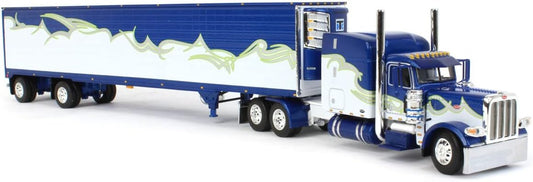 1:64 DCP Blue, Silver & Lime Peterbilt 389 63" Mid Roof Sleeper w/Utility Ribbed Spread-Axle Refrigerated Trailer