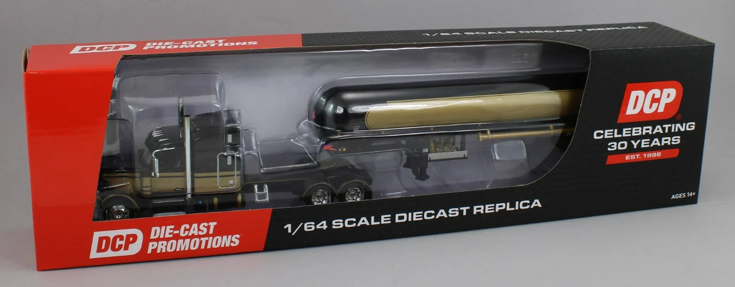 1:64 DCP black and gold Peterbilt 589 70" Midroof w/Mississippi LP tanker