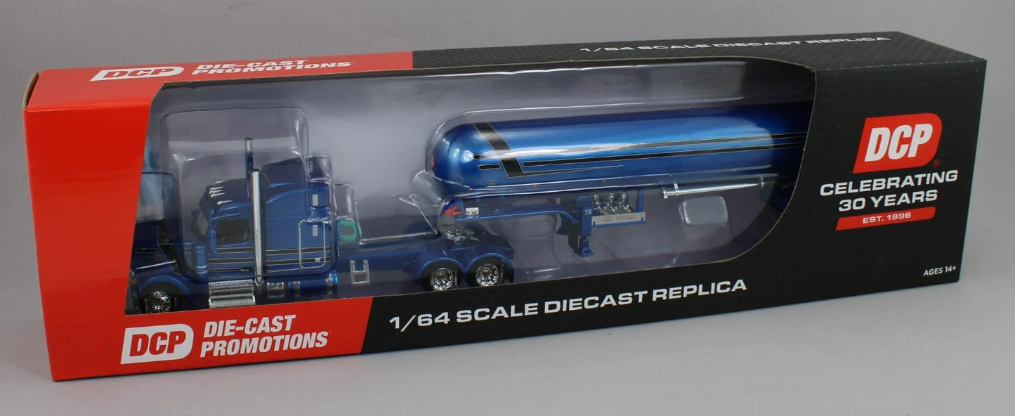 1:64 DCP blue and black Peterbilt 589 70" Midroof w/ Mississippi LP tanker