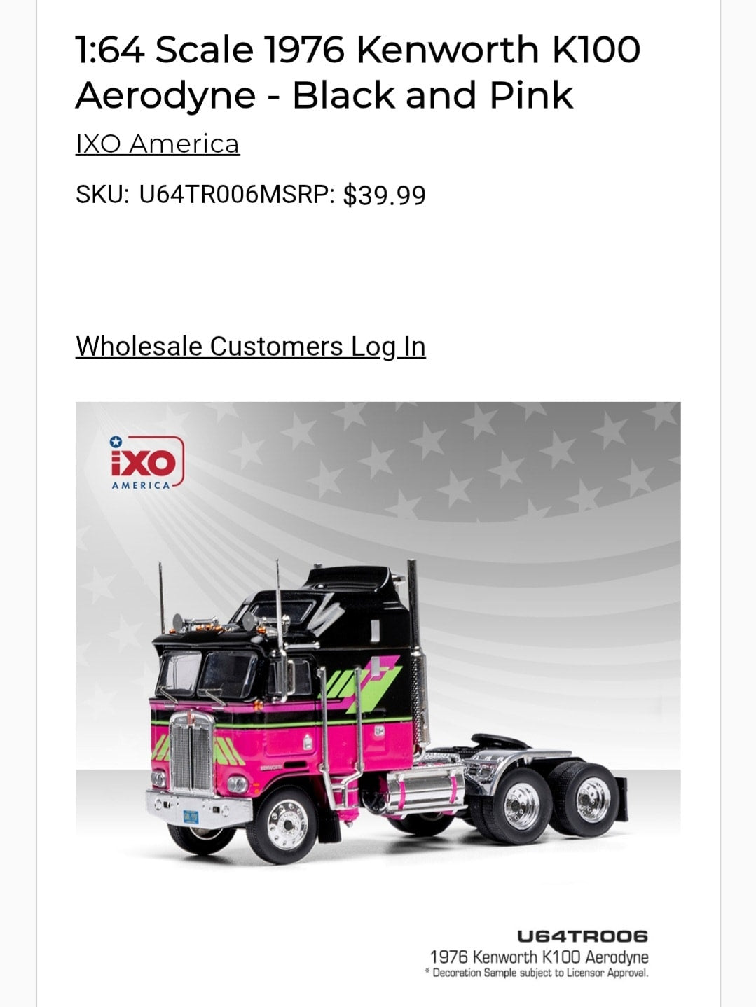 1:64 IXO 1976 Kenworth K100 Kenworth Aerodyne Black and Pink