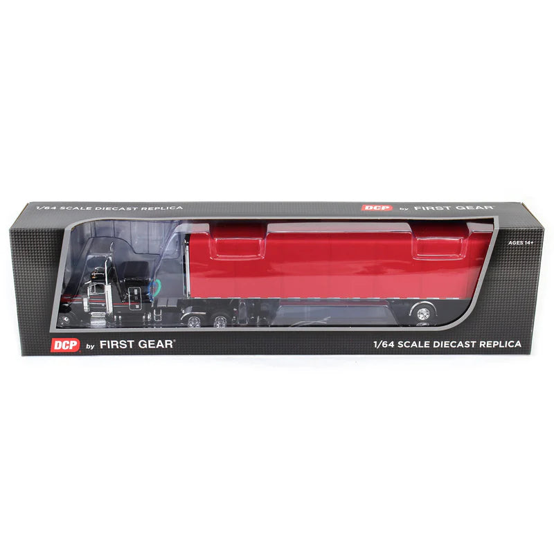 1:64 DCP Black & Red Peterbilt 379 63in Flattop Sleeper with 53ft Utility Roll Tarp Trailer