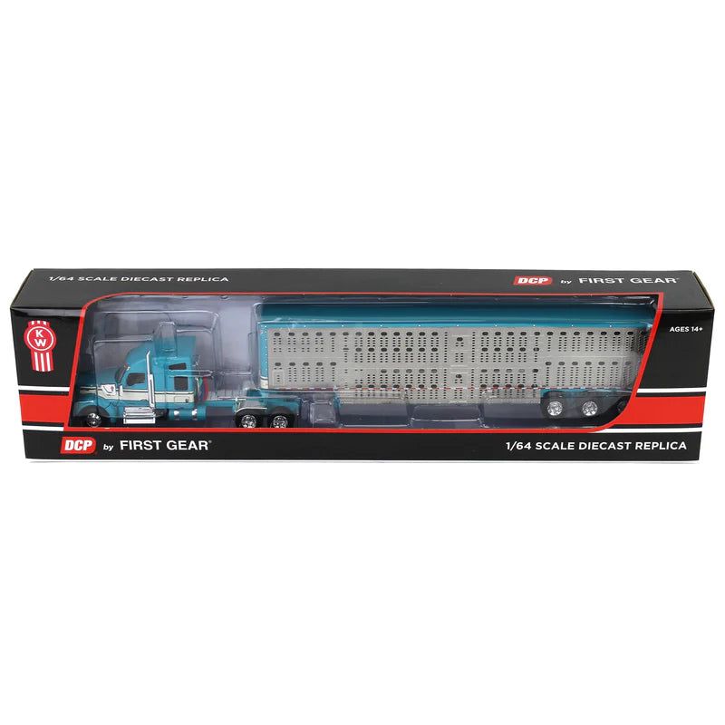 1:64 DCP Turquoise/Cream Kenworth W990 Semi Truck with Wilson Silverstar Livestock Trailer