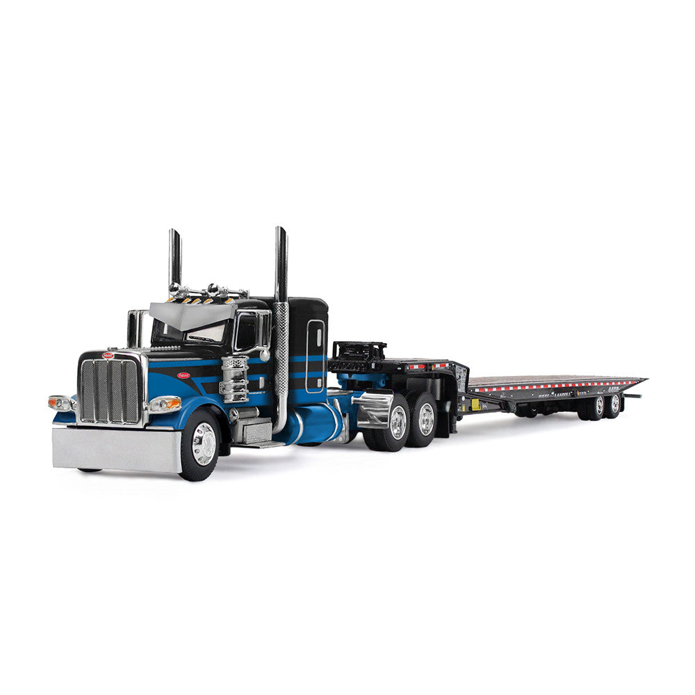 1:64 DCP Blue & Silver Peterbilt 389 with 36 Sleeper & Tandem-Axle Landoll Trailer