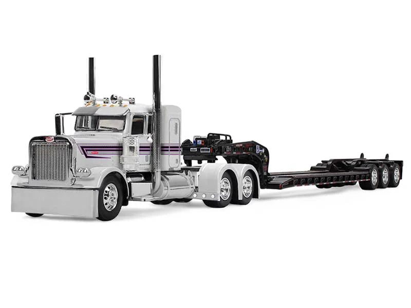 1:64 DCP Peterbilt Model 389 w/ Flat Top Sleeper - White and Black Hauling Fontaine Magnitude Lowboy Trailer