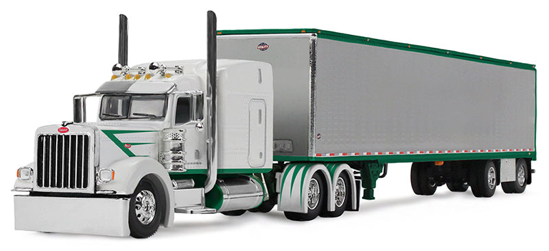 1:64 DCP Peterbilt Model 389 with 63” Mid-Roof Sleeper in White with Green Stripes Hauling 53’ Utility Trailer