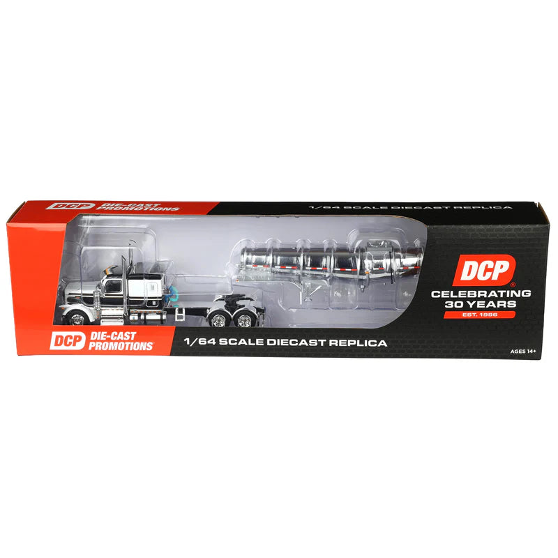 1/64 Black/White Peterbilt 589 Semi Truck with 63in Flat Top Sleeper Cab & Chrome Polar Deep Drop Trailer, DCP by First Gear
