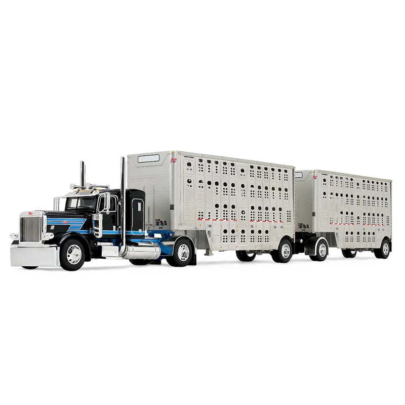 1:64 DCP Peterbilt 389 Flat Top Semi Truck & Wilson Silverstar Double Livestock Trailers, Black/Cyan