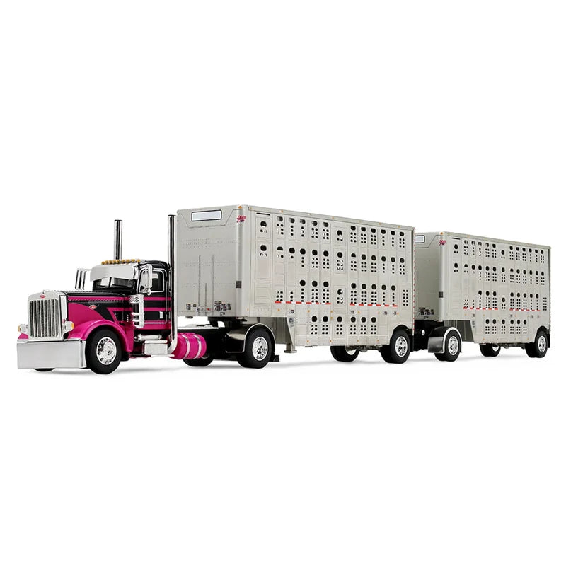 1:64 DCP Peterbilt 389 Day Cab Semi Truck & Wilson Silverstar Double Livestock Trailers, Black/Magenta