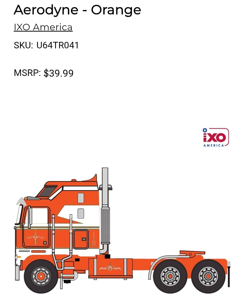 1:64 IXO 1976 Kenworth K100 Aerodyne - Orange and White