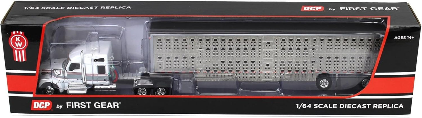 1:64 DCP White & Gray Kenworth W990 with Wilson Silverstar Livestock Quad-Axle Trailer