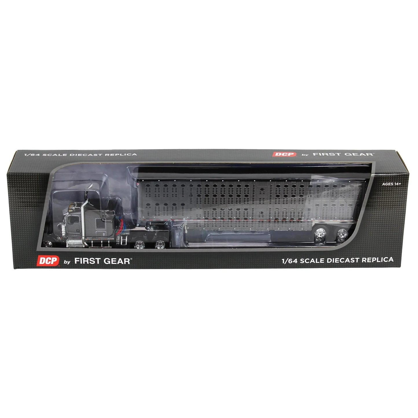 1:64 DCP Gunmetal and black Kenworth W900L 72" Aerocab Flattop sleeper and Wilson silver star tri axle livestock trailer
