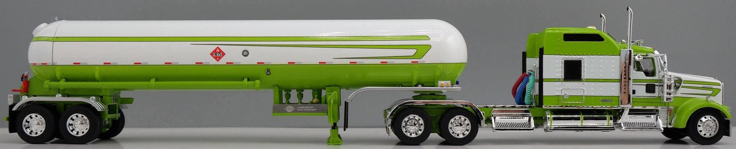 1:64 DCP Kenworth W900L 86" Studio Sleeper with LPG tanker Lime and White