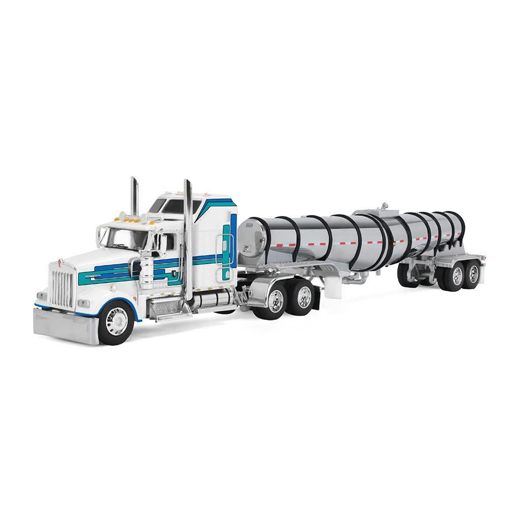 1:64 DCP Kenworth W900L White and Blue with 60” Aerodyne Sleeper & Polar Deep Drop Trailer