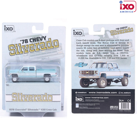1:64 IXO 1978 Chevrolet Silverado K30 Crew Cab Fleetside Lifted - Light Blue and Frost White