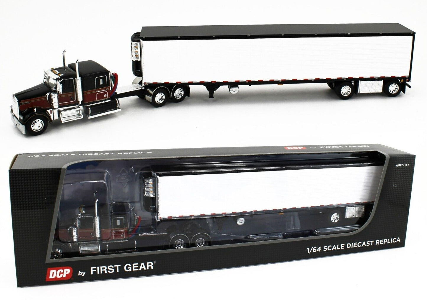 1:64 DCP Black and Maroon Kenworth W900L with 53' Utility Ribbed Reefer Trailer