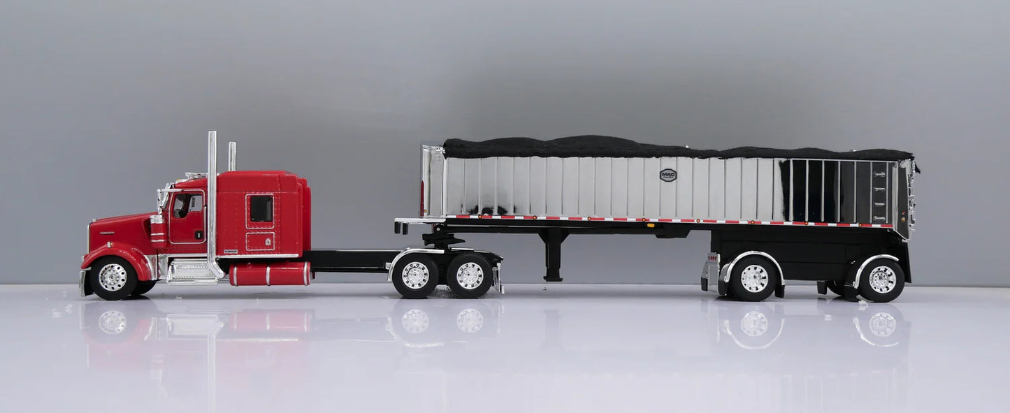 1:64 DCP Kenworth W900L Aerocab Flattop Sleeper Semi Truck & MAC Coal End Dump Trailer, Red