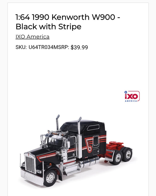 1:64 IXO 1990 Kenworth W900 - Black with Red Stripe
