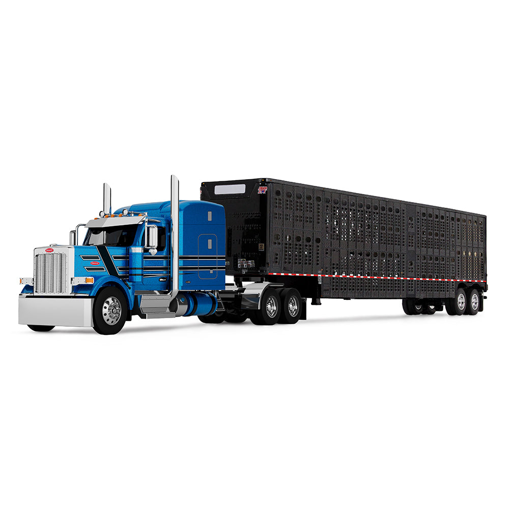 1:64 DCP Bright Blue and Black Peterbilt Model 589 w 72" Mid-Roof Sleeper and Wilson Silverstar Livestock Trailer