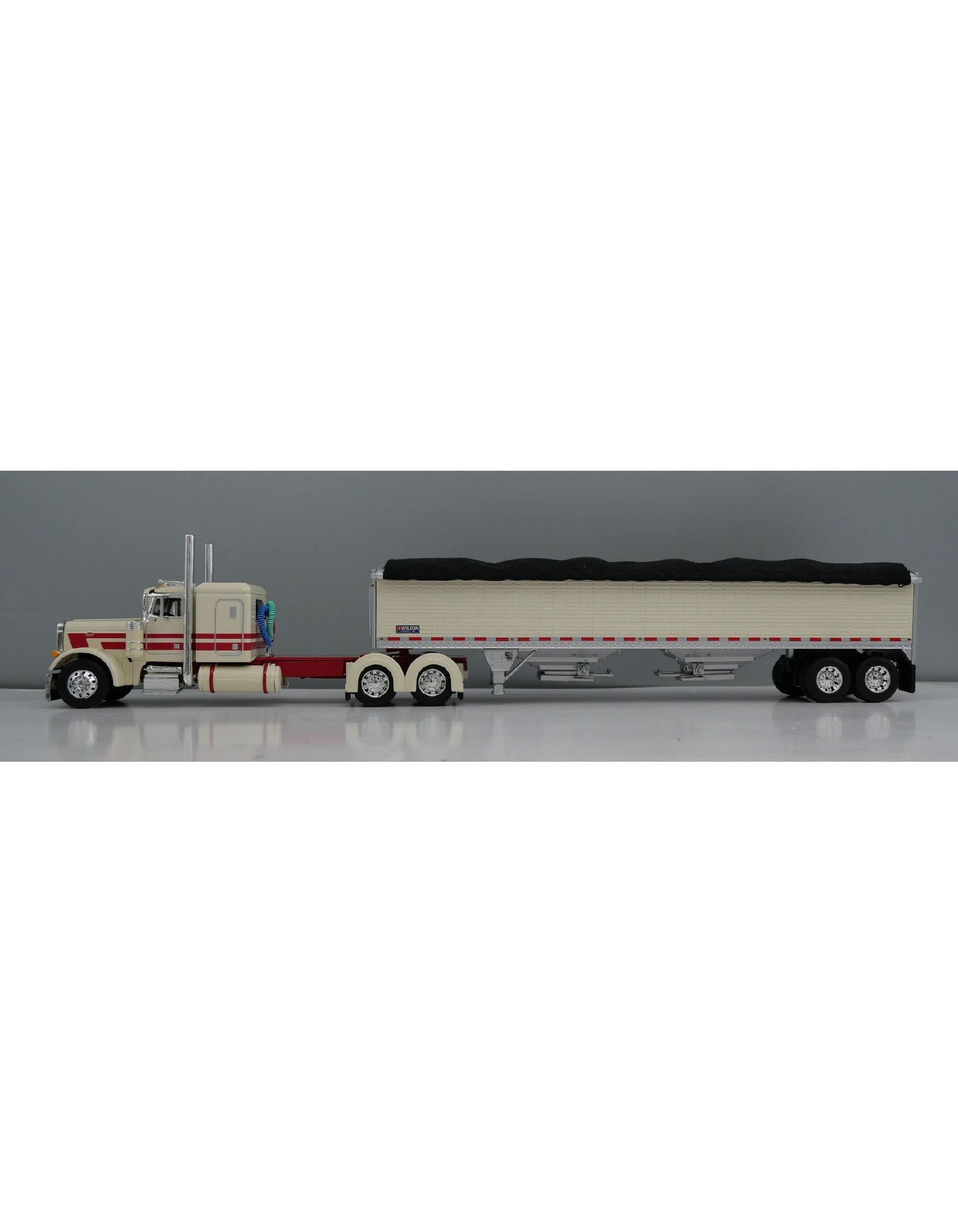 1:64 DCP Peterbilt 379 with 48" Flattop Sleeper and Wilson High Sided Grain Trailer, Cream and Red