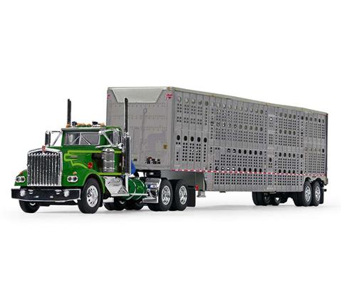 1:64 DCP Neon and Dark Green Kenworth W900A Day Cab w/ Wilson Silver Star Livestock Trailer