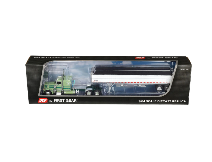 1:64 DCP Green And Green Peterbilt 379 w/ 48" flat top Sleeper & Wilson Pacesetter 43' High sided Grain Trailer