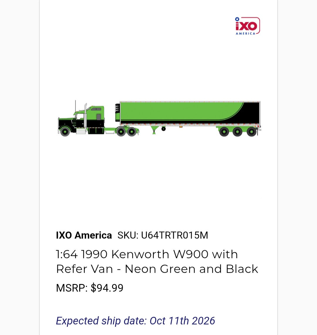 1:64 IXO 1990 Kenworth W900 with Tri Axle Reefer - Neon Green, Black