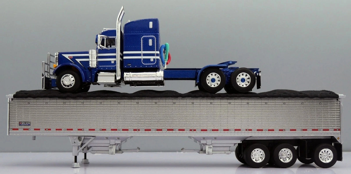 1:64 DCP Blue and White Peterbilt 379 w Midroof Sleeper and Tri Axle Wilson Grain Trailer