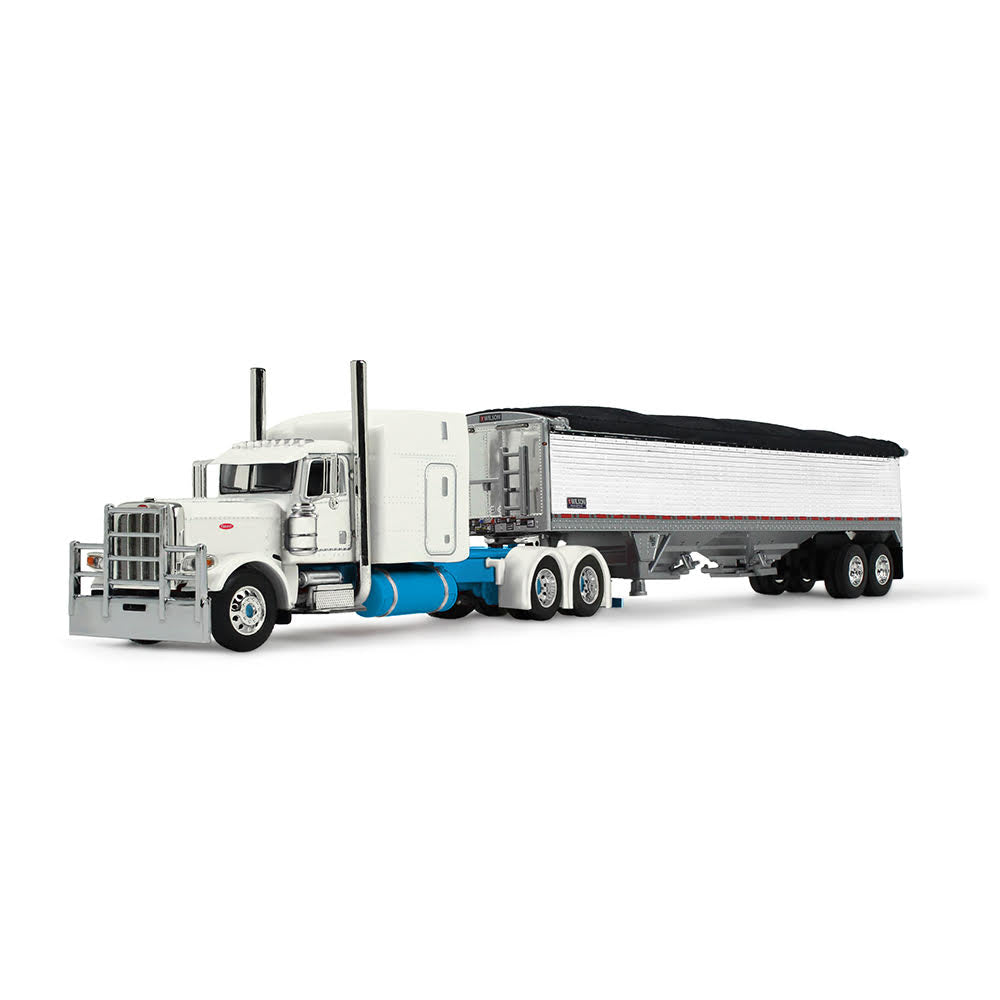 1:64 DCP Capitola Trucking White Blue Peterbilt 389 63-inch Mid Roof Sleeper with Wilson Pacesetter High Sided Hopper Bottom Grain Trailer