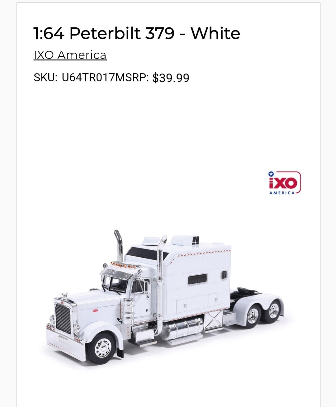 1:64 IXO Peterbilt 379 White Big Bunk