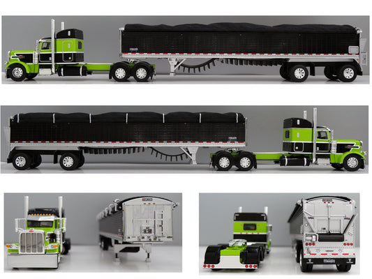 1:64 DCP Peterbilt 389 Lime and Black with 48" Standup Sleeper with Spread Axle Wilson Patriot Belt Trailer