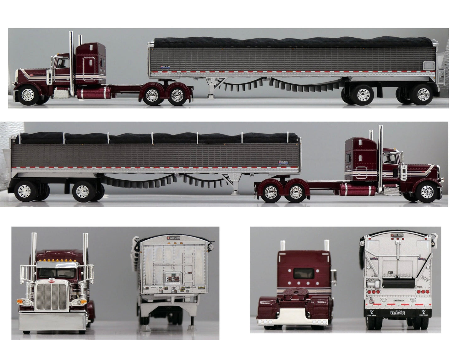 1:64 DCP Peterbilt 389 Red and Gunmetal with 48" Standup Sleeper with Spread Axle Wilson Patriot Belt Trailer