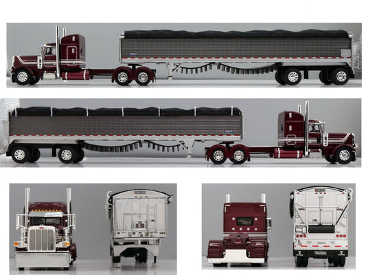1:64 DCP Peterbilt 389 Red and Gunmetal with 48" Standup Sleeper with Spread Axle Wilson Patriot Belt Trailer
