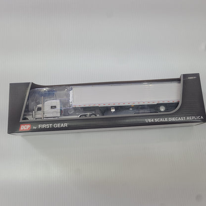 1:64 DCP White Peterbilt 389 70" Sleeper Cab Long Frame w Reefer Trailer
