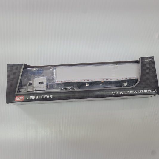 1:64 DCP White Peterbilt 389 70" Sleeper Cab Long Frame w Reefer Trailer