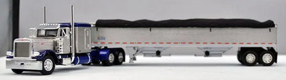 1:64 DCP Blue/Silver Peterbilt 379 Semi With Silver Tandem Axle Hopper Grain Trailer