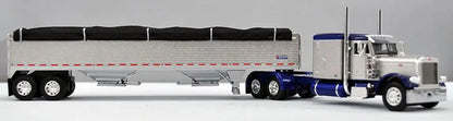 1:64 DCP Blue/Silver Peterbilt 379 Semi With Silver Tandem Axle Hopper Grain Trailer