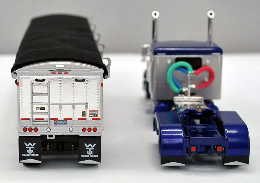 1:64 DCP Blue/Silver Peterbilt 379 Semi With Silver Tandem Axle Hopper Grain Trailer