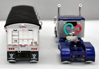 1:64 DCP Blue/Silver Peterbilt 379 Semi With Silver Tandem Axle Hopper Grain Trailer