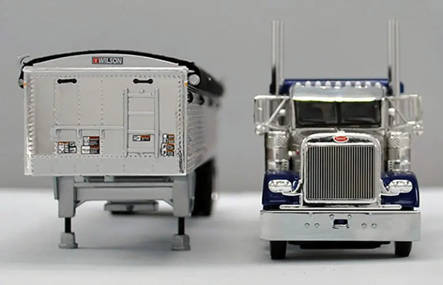 1:64 DCP Blue/Silver Peterbilt 379 Semi With Silver Tandem Axle Hopper Grain Trailer