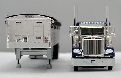 1:64 DCP Blue/Silver Peterbilt 379 Semi With Silver Tandem Axle Hopper Grain Trailer