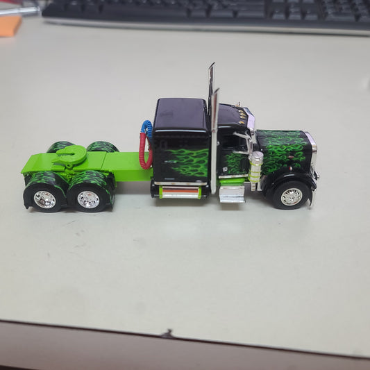 1:64 DCP Cab Only Peterbilt 379, Black with lime Frame and flames, 60" bunk flattop sleeper