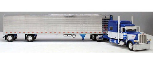 1:64 DCP Metallic Blue White Long Frame Peterbilt 389 70-inch Sleeper w Chrome Reefer Trailer