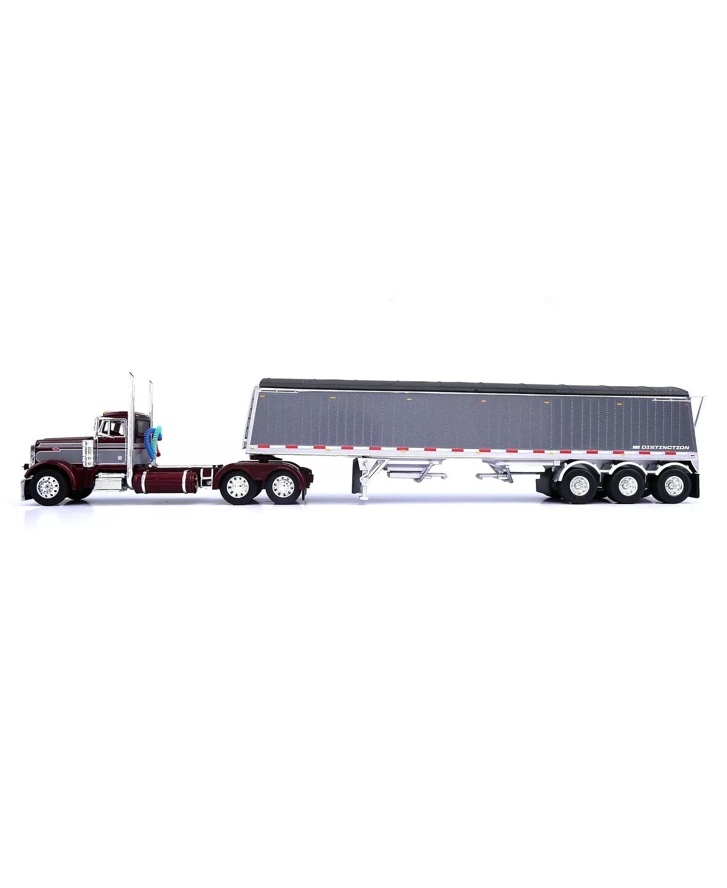 1:64 DCP Red & Gray Peterbilt 379 Day Cab Semi with Lode King Triple Axle Grain Trailer